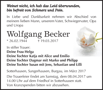 Traueranzeige von Wolfgang Becker von Mitteldeutsche Zeitung Sangerhausen