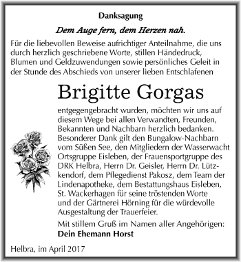 Traueranzeige von Brigitte Gorgas von Mitteldeutsche Zeitung Mansfelder Land