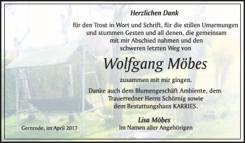 Traueranzeige von Wolfgang Möbes von WVG - Wochenspiegel Quedlinburg