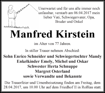 Traueranzeige von Manfred Kirstein von WVG - Wochenspiegel Dessau / Köthen
