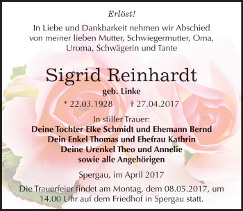 Traueranzeige von Sigrid Reinhardt von Mitteldeutsche Zeitung Merseburg/Querfurt