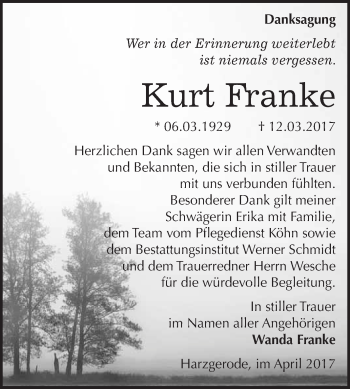 Traueranzeige von Kurt Franke von Super Sonntag Quedlinburg