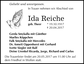 Traueranzeige von Ida Reiche von Mitteldeutsche Zeitung Bitterfeld