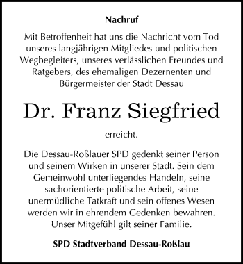Traueranzeige von Franz Siegfried von Mitteldeutsche Zeitung Dessau-Roßlau