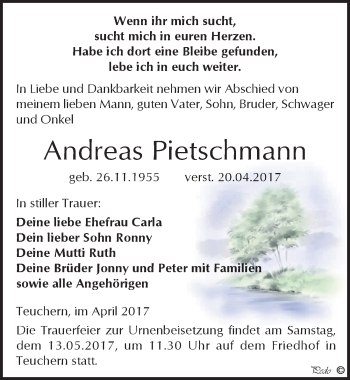 Traueranzeige von Andreas Pietschmann von Mitteldeutsche Zeitung Weißenfels