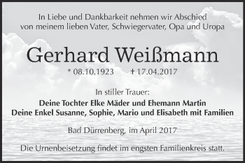 Traueranzeige von Gerhard Weißmann von Super Sonntag Merseburg