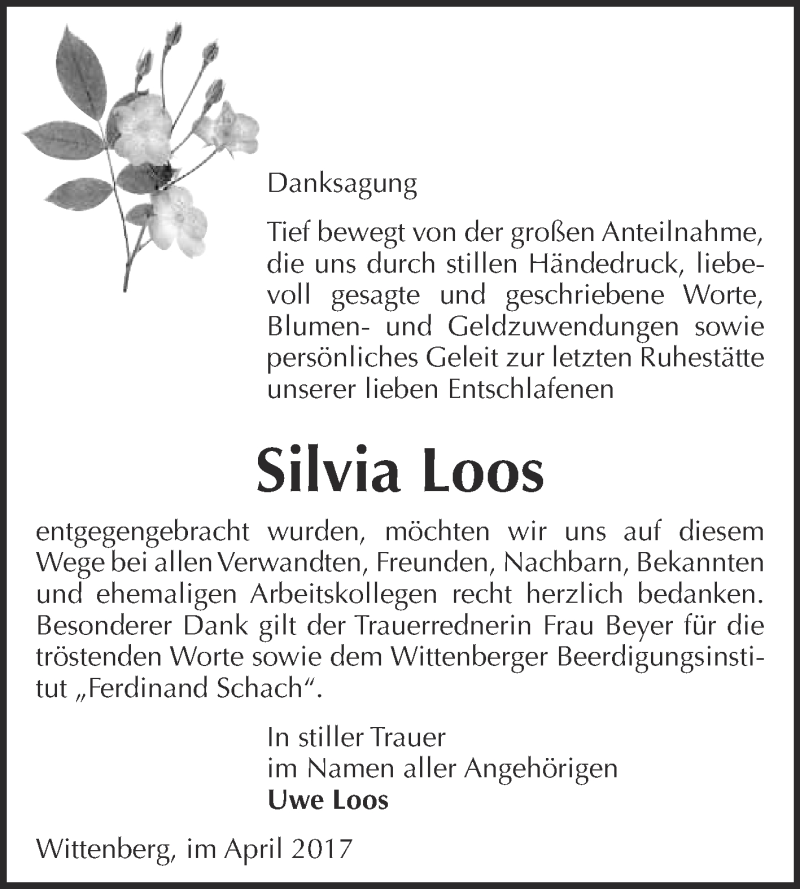  Traueranzeige für Silvia Loos vom 15.04.2017 aus WVG - Wochenspiegel Wittenberg