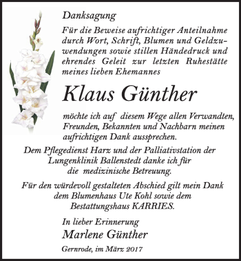 Traueranzeige von Klaus Günther von Mitteldeutsche Zeitung Quedlinburg