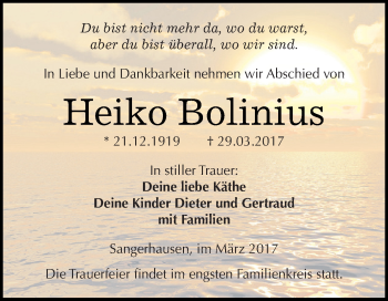 Traueranzeige von Heiko Bolinius von Super Sonntag SGH Mansf. Land