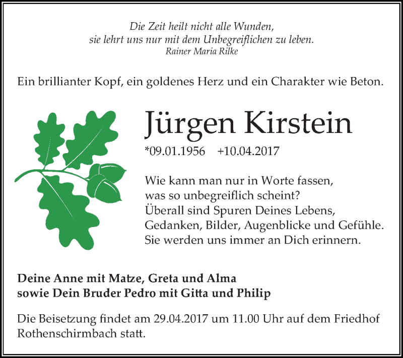  Traueranzeige für Jürgen Kirstein vom 22.04.2017 aus Super Sonntag SGH Mansf. Land