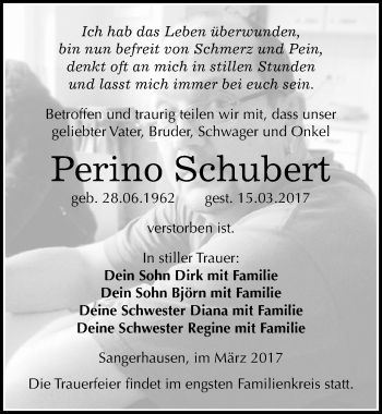 Traueranzeige von Perino Schubert von Mitteldeutsche Zeitung Sangerhausen
