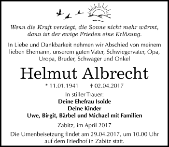 Traueranzeige von Helmut Albrecht von Mitteldeutsche Zeitung Köthen