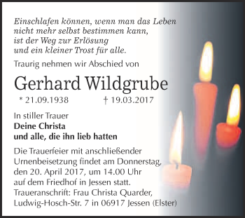 Traueranzeige von Gerhard Wildgrube von Super Sonntag Wittenberg