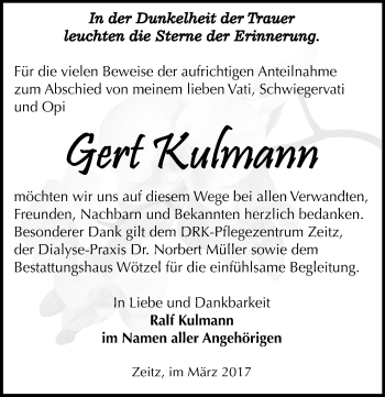 Traueranzeige von Gert Kulmann von Mitteldeutsche Zeitung Zeitz