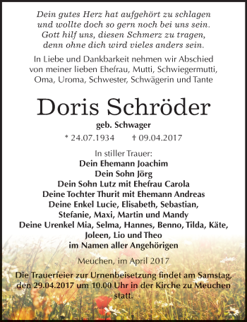 Traueranzeige von Doris Schröder von Mitteldeutsche Zeitung Weißenfels