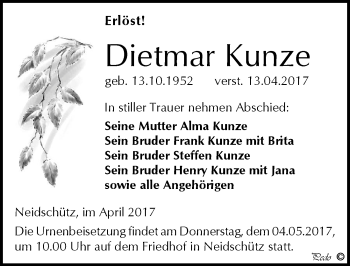 Traueranzeige von Dietmar Kunze von Mitteldeutsche Zeitung Naumburg/Nebra