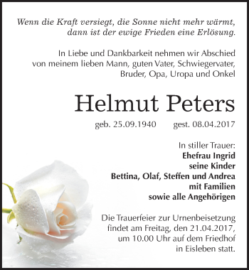 Traueranzeige von Helmut Peters von Mitteldeutsche Zeitung Mansfelder Land