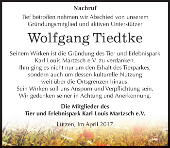 Traueranzeige von Wolfgang Tiedtke von Mitteldeutsche Zeitung Weißenfels