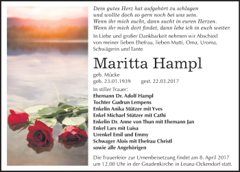 Traueranzeige von Maritta Hampl von Mitteldeutsche Zeitung Merseburg/Querfurt