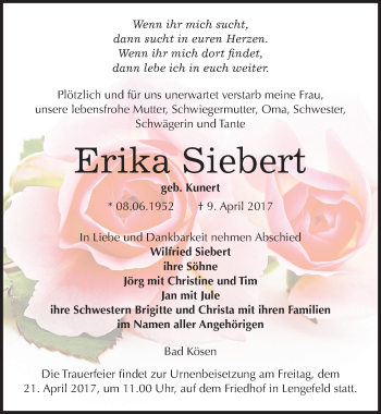 Traueranzeige von Erika Siebert von Mitteldeutsche Zeitung Naumburg/Nebra