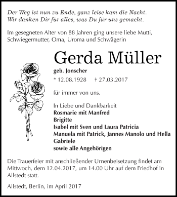 Traueranzeige von Gerda Müller von Super Sonntag SGH Mansf. Land