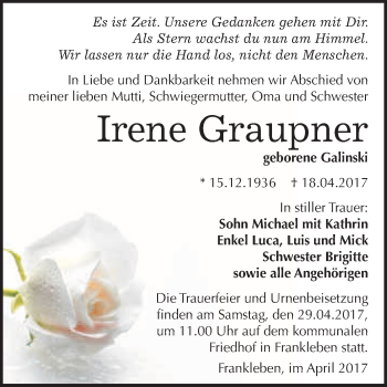 Traueranzeige von Irene Graupner von WVG - Wochenspiegel Merseburg