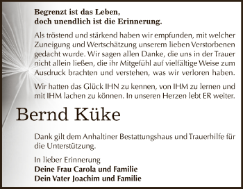Traueranzeige von Bernd Küke von WVG - Wochenspiegel Dessau / Köthen