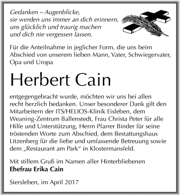 Traueranzeige von Herbert Cain von Mitteldeutsche Zeitung Mansfelder Land