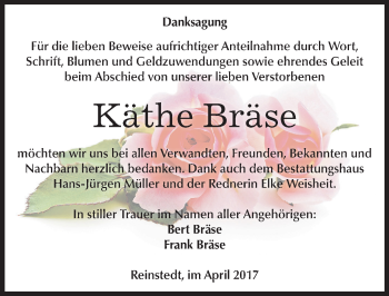 Traueranzeige von Käthe Bräse von Mitteldeutsche Zeitung Quedlinburg