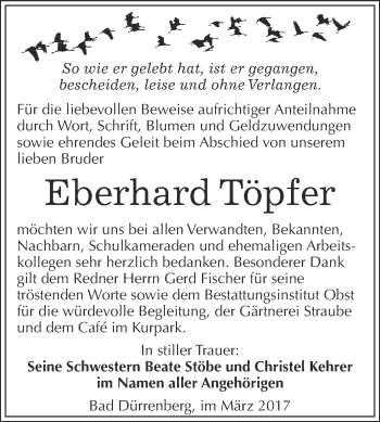 Traueranzeige von Eberhard Töpfer von Super Sonntag Halle