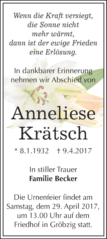Traueranzeige von Anneliese Krätsch von Mitteldeutsche Zeitung Köthen