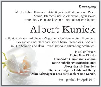 Traueranzeige von Albert Kunick von Mitteldeutsche Zeitung Mansfelder Land