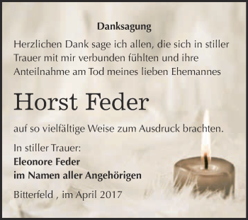 Traueranzeige von Horst Feder von WVG - Wochenspiegel Bitterfeld