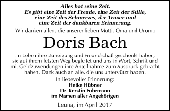 Traueranzeige von Doris Bach von Mitteldeutsche Zeitung Merseburg/Querfurt