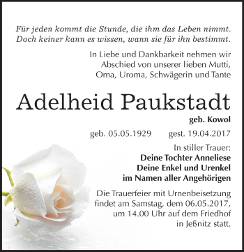 Traueranzeige von Adelheid Paukstadt von Mitteldeutsche Zeitung Bitterfeld