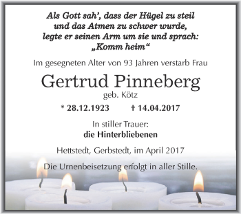 Traueranzeige von Gertrud Pinneberg von Wochenspiegel Mansfelder Land