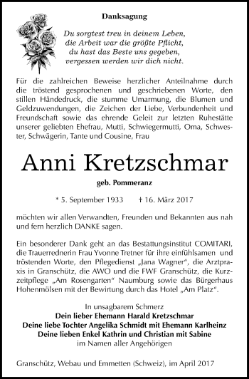 Traueranzeige von Anni Kretzschmar von Mitteldeutsche Zeitung Weißenfels