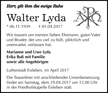Traueranzeige von Walter Lyda von Mitteldeutsche Zeitung Mansfelder Land