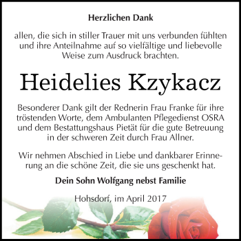 Traueranzeige von Heidelies Kzykacz von WVG - Wochenspiegel Dessau / Köthen