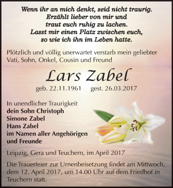 Traueranzeige von Lars Zabel von Mitteldeutsche Zeitung Weißenfels