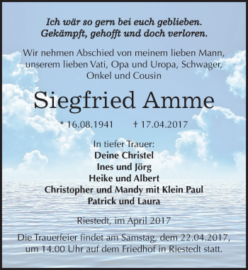 Traueranzeige von Siegfried Amme von Mitteldeutsche Zeitung Sangerhausen