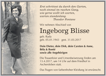Traueranzeige von Ingeborg Blisse von Mitteldeutsche Zeitung Aschersleben
