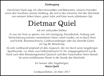 Traueranzeige von Dietmar Quiel von WVG - Wochenspiegel Dessau / Köthen