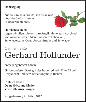 Traueranzeige von Gerhard Hollunder von Mitteldeutsche Zeitung Sangerhausen