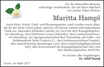 Traueranzeige von Maritta Hampl von Mitteldeutsche Zeitung Merseburg/Querfurt