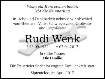 Traueranzeige von Rudi Wenk von Mitteldeutsche Zeitung Quedlinburg