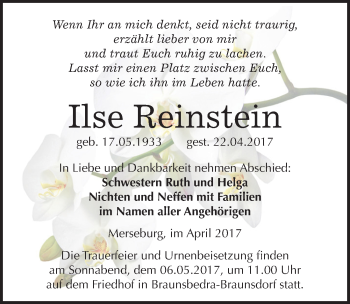 Traueranzeige von Ilse Reinstein von Mitteldeutsche Zeitung Merseburg/Querfurt