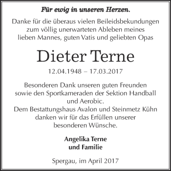 Traueranzeige von Dieter Terne von Super Sonntag Merseburg