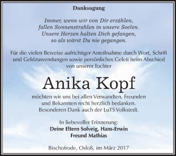 Traueranzeige von Anika Kopf von Super Sonntag SGH Mansf. Land