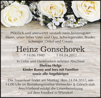 Traueranzeige von Heinz Gonschorek von Mitteldeutsche Zeitung Bernburg